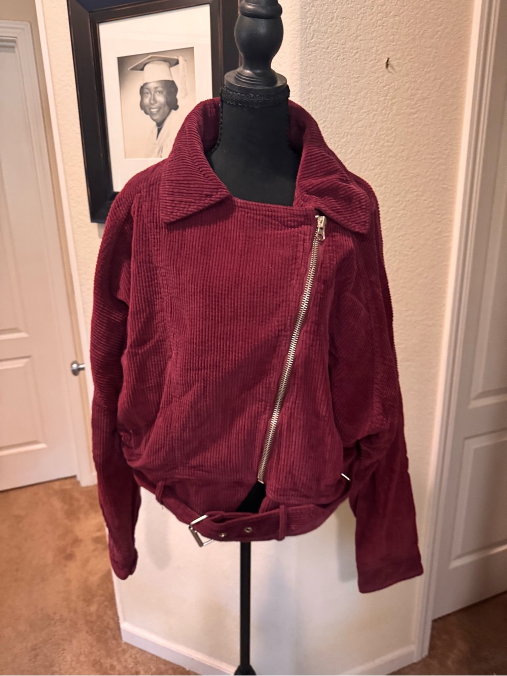 Free People Burgundy Corduroy Asymmetrical Zip Jacket